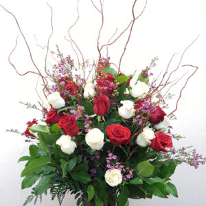 Two dozen roses with willows